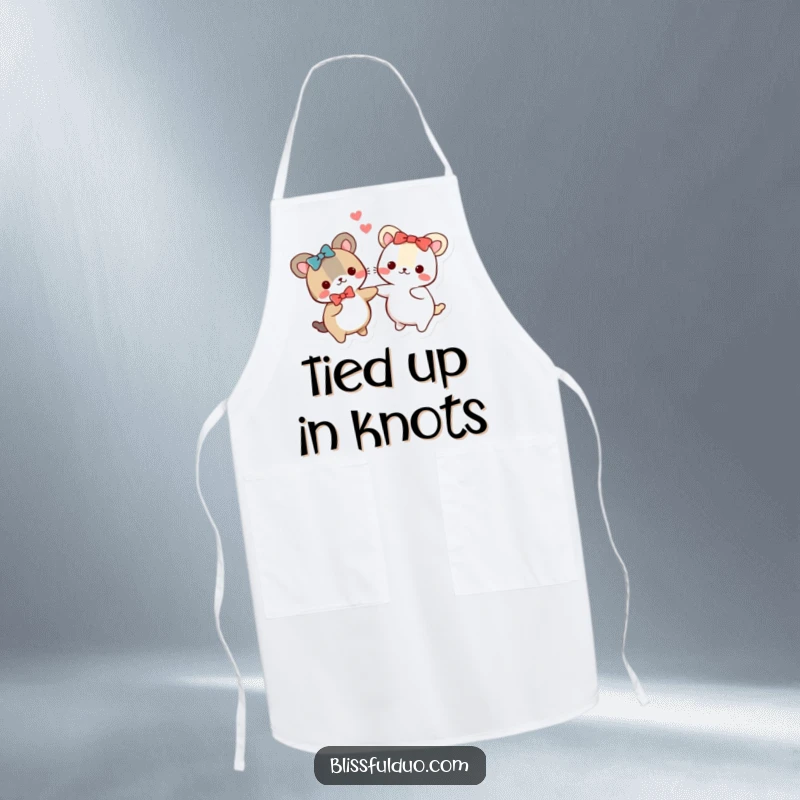 Funny apron with two round animals in matching bows holding hands and spinning, ready for kitchen adventures.