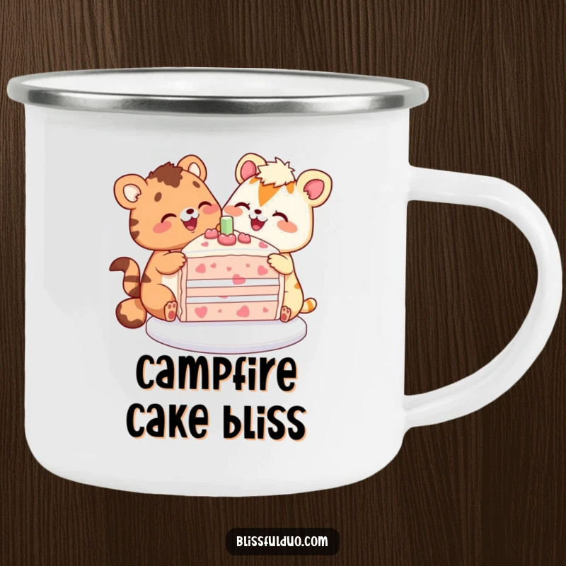 Funny camping mug with two joyful animals sharing a large, colorful cake slice, perfect for outdoor enjoyment.