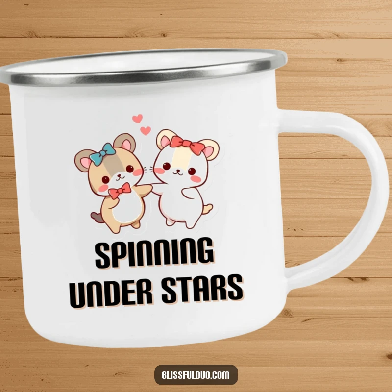 Funny camping mug with two round animals in matching bows holding hands and spinning, designed for outdoor fun.