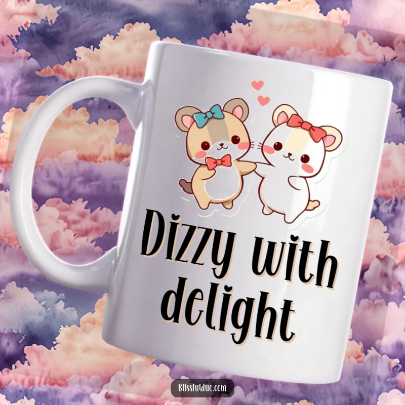 Funny mug with two round, cute animals in matching bows holding hands and spinning in a circle, symbolizing friendship.