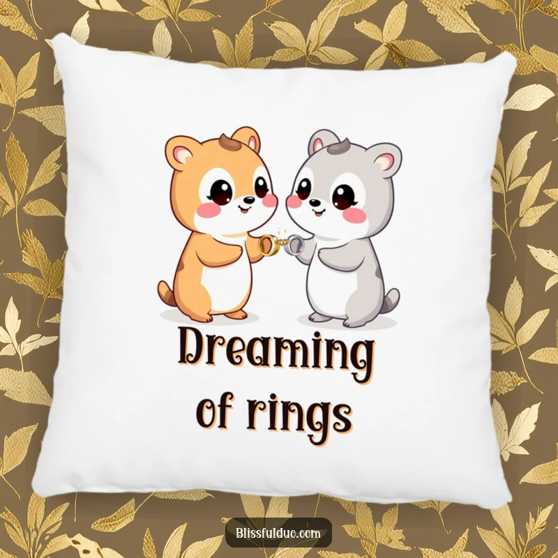 Funny pillow with two happy animals exchanging tiny, glittering rings with wide smiles, symbolizing love.