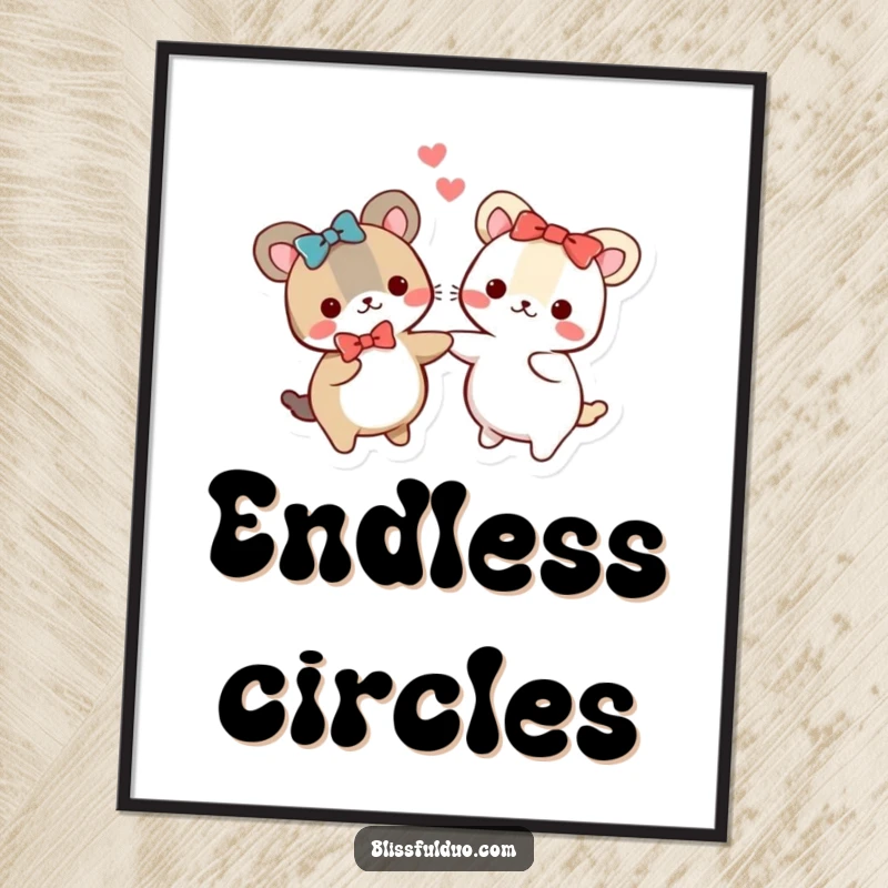 Funny digital art print of two small, round animals in matching bows holding hands and spinning, creating a joyful atmosphere.