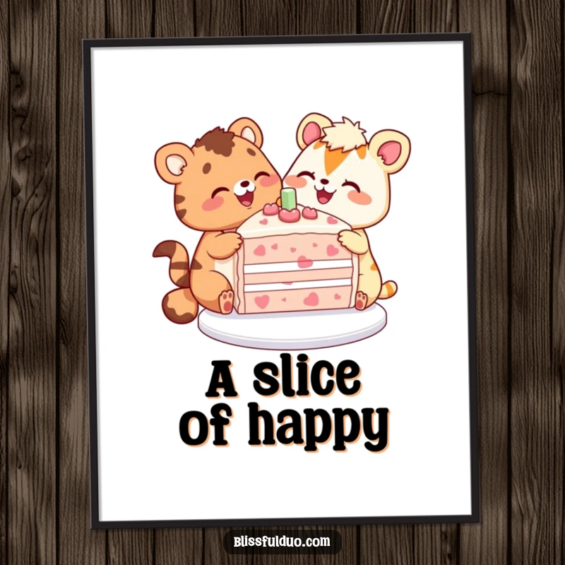 Funny digital art print of two cheerful animals sharing a massive, colorful slice of cake, celebrating friendship.