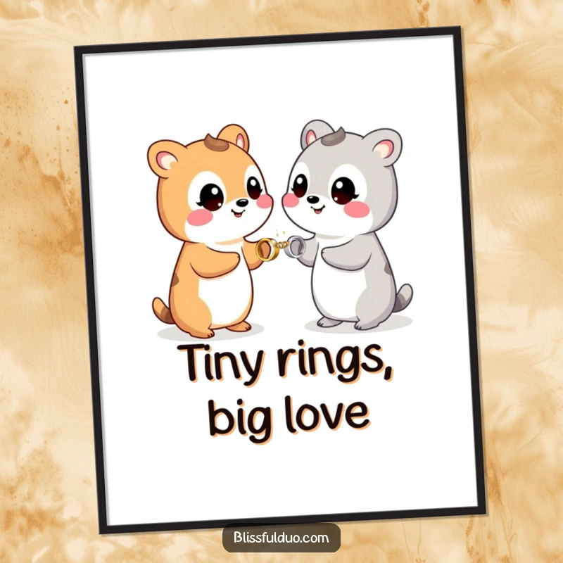 Funny digital art print of two smiling animals exchanging small, sparkling rings, celebrating love and commitment.