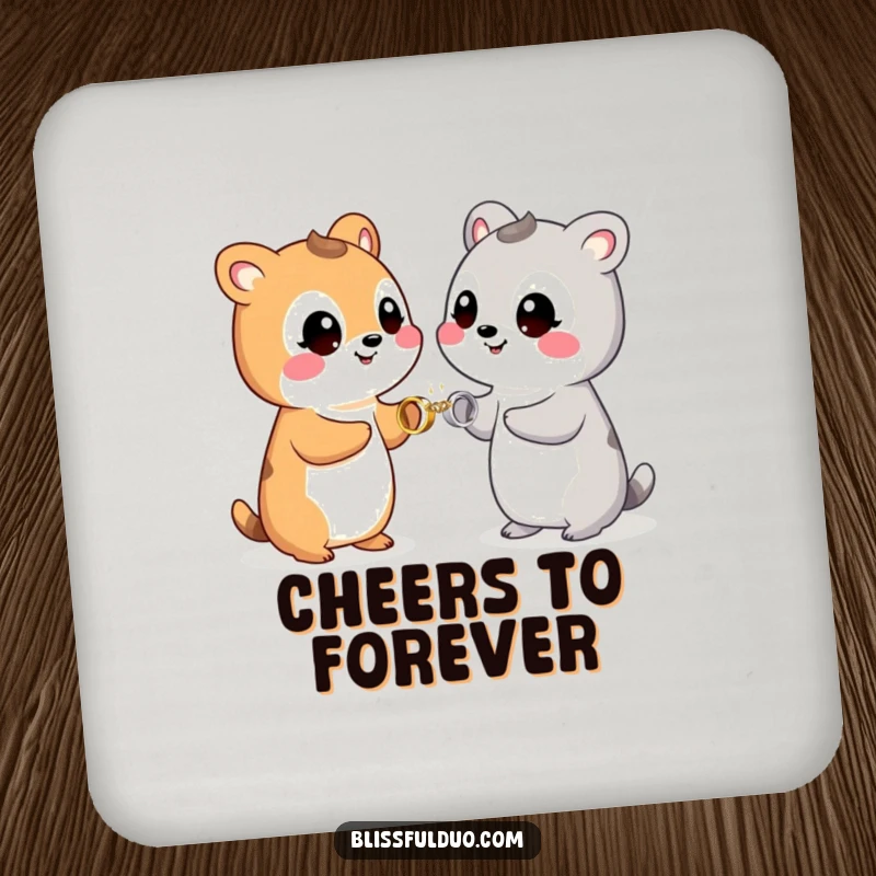 Funny coasters set with two playful animals smiling and exchanging tiny, glittering rings, perfect for celebrations.
