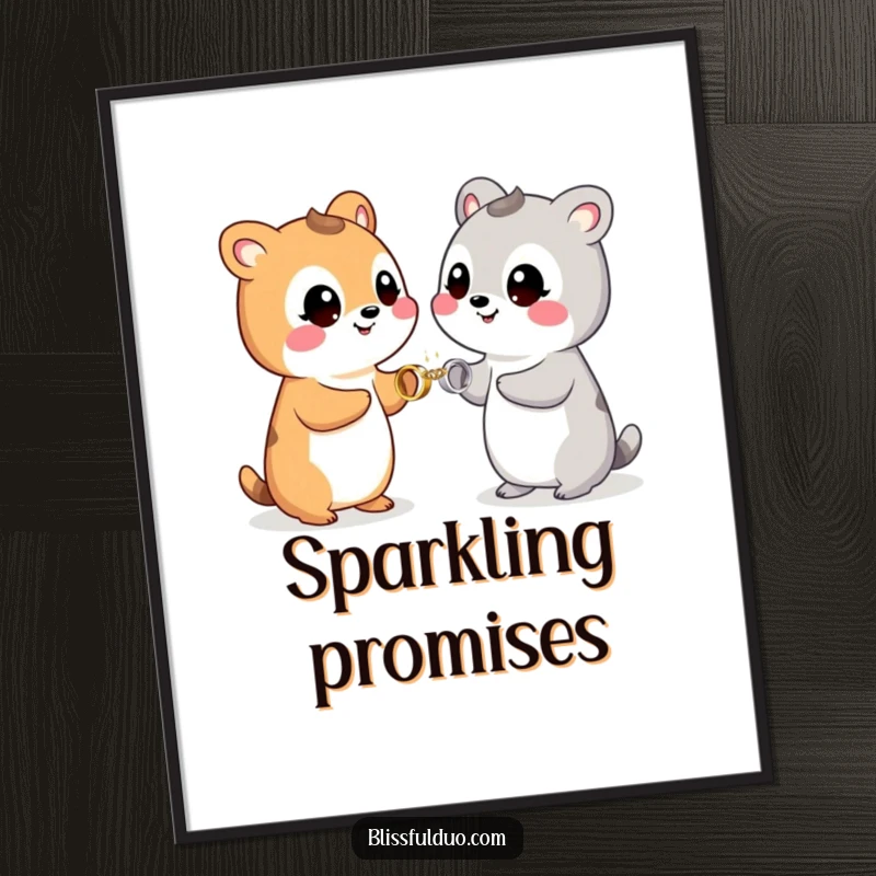Funny poster artwork of two smiling animals exchanging small, sparkling rings, celebrating a loving bond.