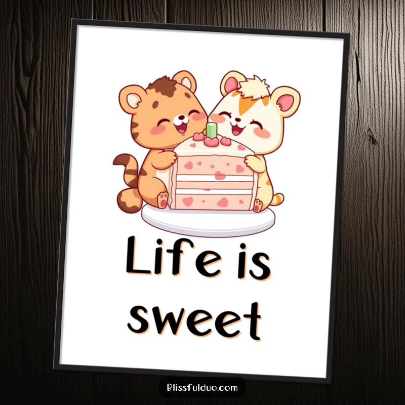 Funny poster showing two cheerful animals sharing a massive, colorful slice of cake, a celebration of friendship.