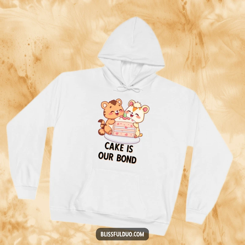Funny hoodie with two joyful animals sharing a large slice of colorful cake, ideal for chilly weather.