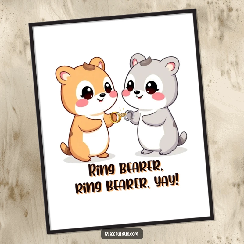Funny Free Printable Wall Art showing two happy animals exchanging tiny, sparkling rings with wide, joyous smiles, symbolizing celebration.