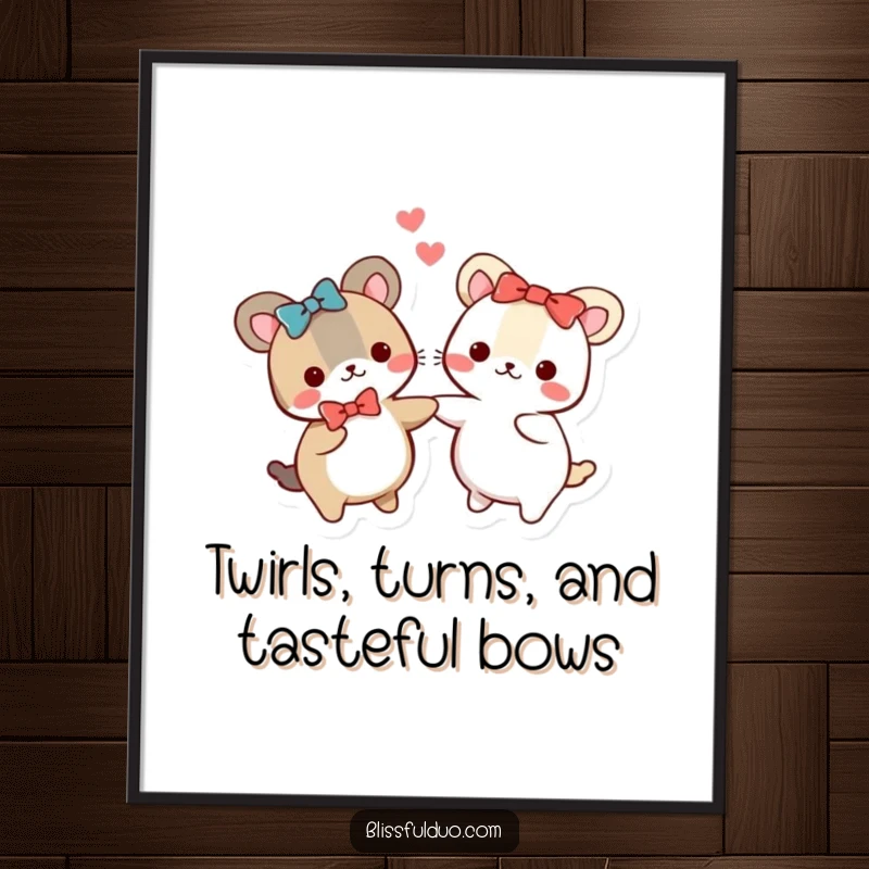 Funny Free Printable Wall Art showing two cute, round animals in matching bows, spinning with pure joy, perfect for a cheerful space.