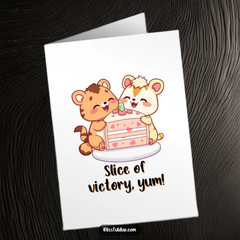 Funny Free Printable Congratulations Card showing two ecstatic animals indulging in a massive slice of colorful cake, celebrating big.