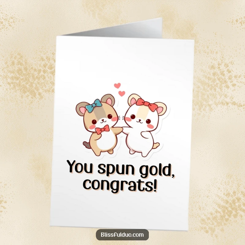 Funny Free Printable Congratulations Card showcasing two charming, round animals in matching bows, spinning excitedly together in celebration.