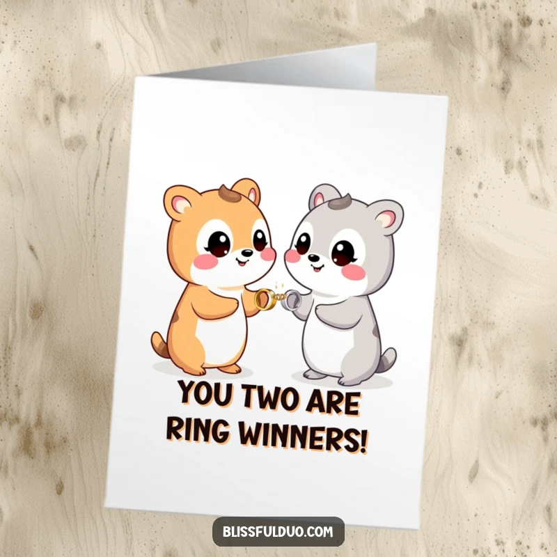 Funny Free Printable Congratulations Card featuring two happy animals swapping small, glittering rings with wide, beaming smiles, celebrating union.