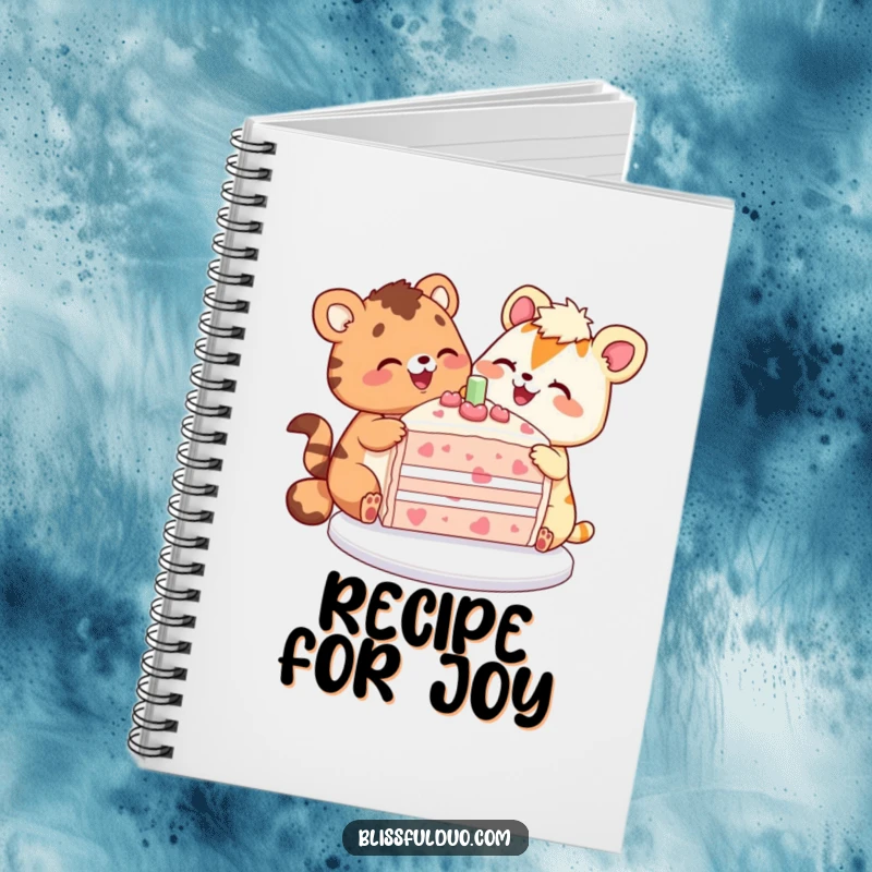 Funny notebook cover with two happy animals sharing a slice of a huge, colorful cake, perfect for journaling.