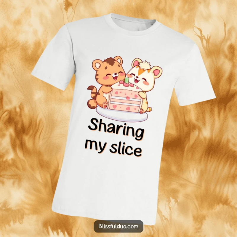 Funny t-shirt depicting two happy animals sharing a huge, colorful cake, celebrating a special occasion.
