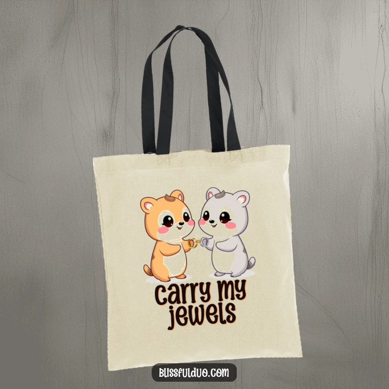 Funny tote bag with two playful animals smiling and exchanging tiny, glittering rings, perfect for events.