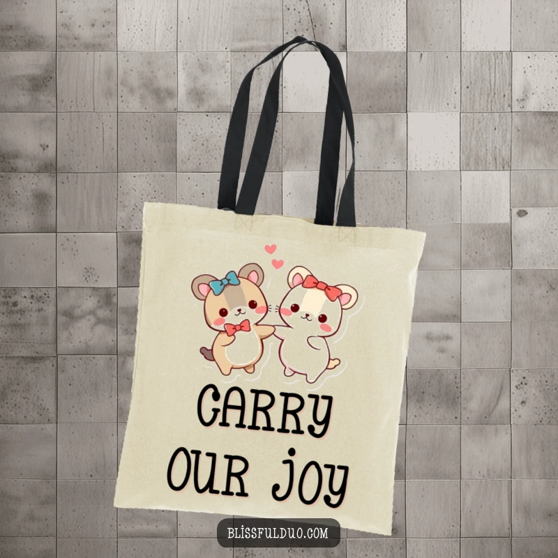 Funny tote bag with two round, matching bow-wearing animals holding hands and spinning, ideal for everyday use.
